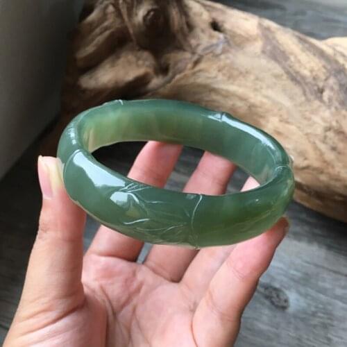 H17#Hetian Yuqing Green Bamboo Bracelet Qinghai Material Dark Green Wide Jade Bracelet