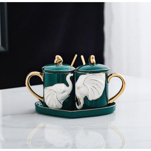 Ceramic Mug Gift Box 1 Pair Nordic Gold Green Relief Elephant Couple Cup Heart-shaped Tray Home Kitchen Bar Decoration Drinkware