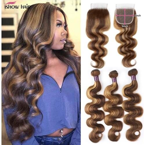 Ishow Highlight Colored Human Hair Bundles With 5X5 Closure P4/27 Body Wave Bundles With Closure Ombre Hair Bundles With Closure