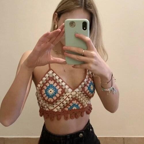 MosiMolly Handmade Flower Tops Camisole Tops Women Tassels Boho Beach Tops Vest 2021 Summer