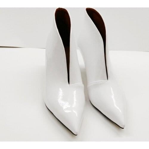 Snake Patent Leather Pumps Women Shoes Thin High Heel Shoes Women Sexy Pointed Toe V Mouth Stilettos Ankle Boots For Woman Shoes