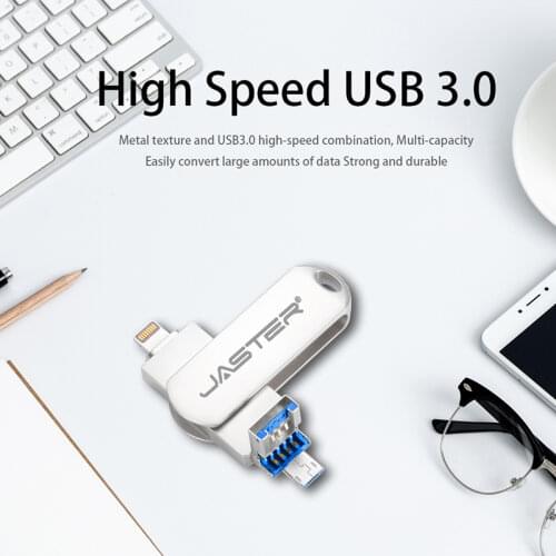 JASTER Pen Drive Lightning Otg Usb Flash Drive 3.0 para Iphone ipad Android 16gb 32gb 64gb 128gb 256gb Pendrive 3 in1
