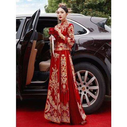 Vintage Traditional Chinese Cheongsam Dress Oriental Elegant Bride Dragon Phoenix Embroider Wedding Gown Dress