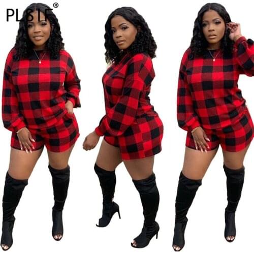 Red Grid Long Sleeve Crop Top And Hot Short 2 Pieces Set High Street Chic Lady Fashion Women Tracksuits
