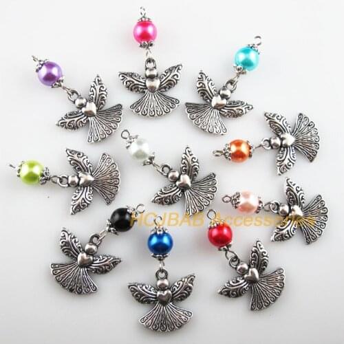 10 New Angel Heart Charms Mixed Glass Beads Pendants Tibetan Silver 21x39mm