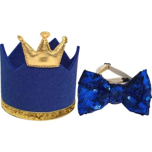2Pcs Pet Birthday Crown Hat Bow Tie Set Dog Cat Sequin Bowtie Kids Birthday Hat