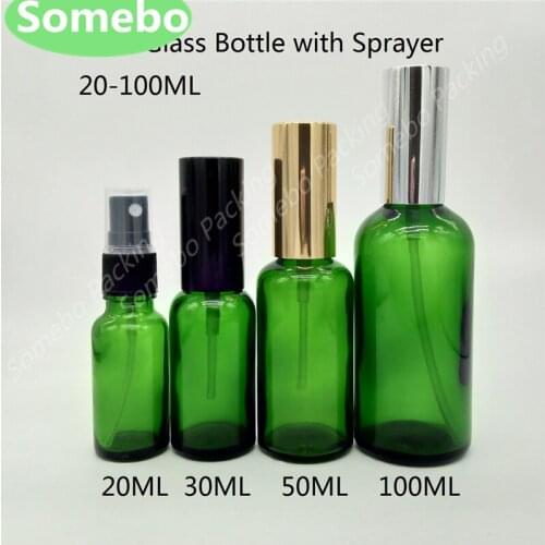 200pcs 5ml,10ml,15ml,20ml,30ml,50ml,100ml Empty Green Glass Bottle with Fine Mist Sprayers for Essential oil Hot sale