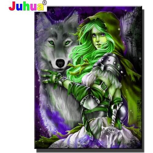 Fantasy Girl And Wolf diamond painting cross stitch Full Square Round diamond embroidery Green Lady Animal Crystal Set, Wall Art