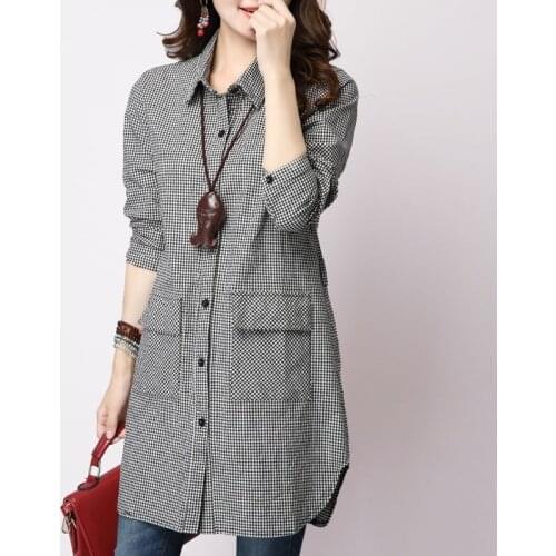 Oversized Plaid Women Shirts Long Pocket Turn-Down Collar Pocket Casual All Match Office Lady Outwear Tops