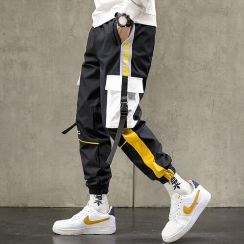 Hip Hop Ribbons Cargo Pants Men Joggers Pants Streetwear Men 2021 New Fashion Mens Elastic Waist Pant Ribbons Black Oversize