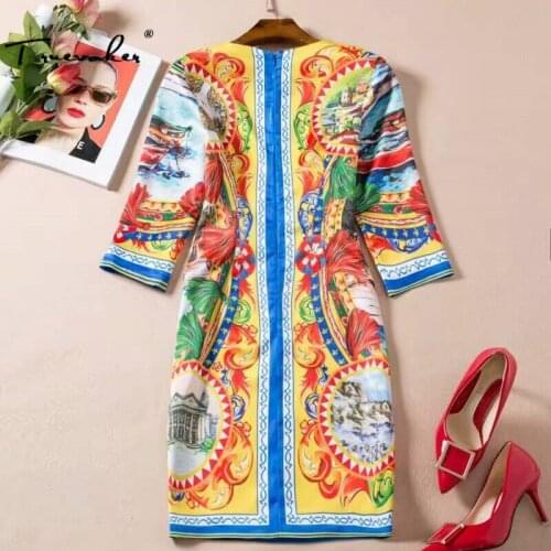 Designer Dress Womens High Quality Half Sleeve Vintage Building Printed Plus Size XXL Summer Holiday Dress