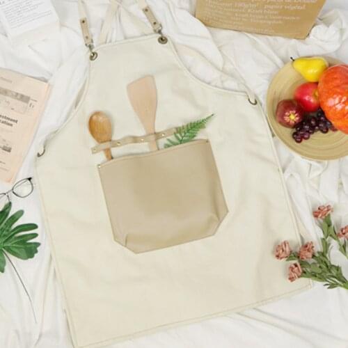 Elegant Milky White Canvas and Leather Apron Unisex Large Pocket &Tool Bag Design Soft Foldable Medium Thickness For All Seasons