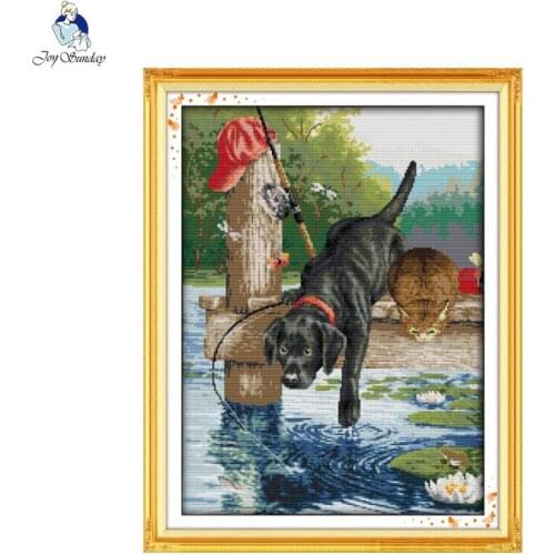 Joy Sunday A dog fishing Canvas DMC 11ct 14ct Counted Chinese Cross Stitch Kits printed for Embroidery set Home Decor Needlework