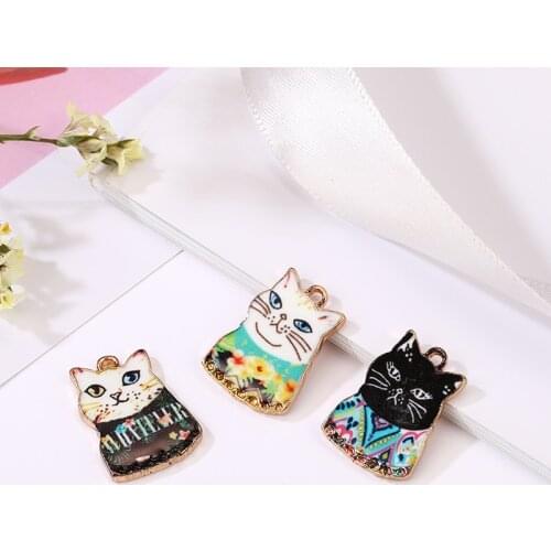 MRHUANG 10pcs/lotL LUCKLY Cat Enamel Charms Alloy Pendant fit bracelets DIY Jewelry Accessories