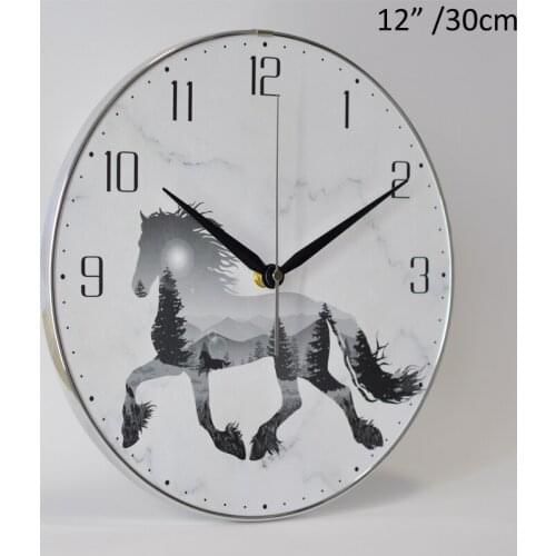 Round 12 inch Running Horse MDF Wall Clock Silver PVC Circled White Grey Black Horse Wall Clock Modern Marble Home Decor Clock