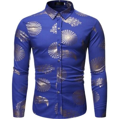 Royal Blue Geometric Foil Print Dress Shirt Men 2020 Fashion DJ Club Prom Shirt Mens Slim Fit Long Sleeve Shirts Camisas Hombre
