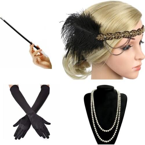 1920s Great Gatsby Party Costume Accessories Set Fancy Flapper Girl Feather Headband Pearl Necklace Glove Cigarette Holder 4 Pcs