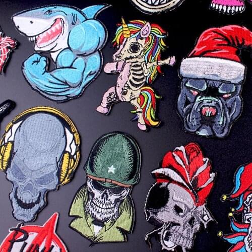 Unicorn Skull Patch Iron On Patches For Clothes Bulldog Embroidered Patches For Clothing Stripes Applique Punk/Shark Patch Badge