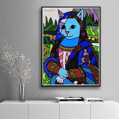 Funny Mona Cat Minimalist Wall Art Canvas Painting Nordic Posters and Prints Wall Pictures for Living Kids Bedroom Decoration