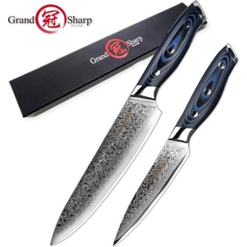 Damascus Knife Set 2 Pcs Damascus Japanese Knives VG10 Steel Chef Utility Knives Cooking Tools Kitchen Chef Knife Pro GRANDSHARP
