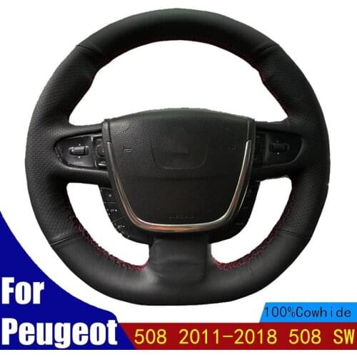 Car Steering Wheel Cover Customized Original For Peugeot 508 2011-2018 508 SW Genuine Leather Braid Steering Wheel Wrap Black
