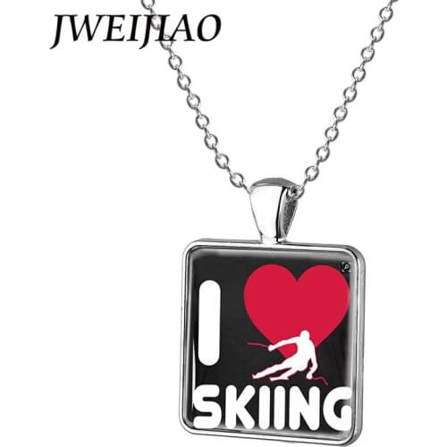 JWEIJIAO Love Skiing Snowboard Necklace Skier Silhouette Art Picture Square Glass Pendant Necklaces Sweather Chain Jewelry SG04