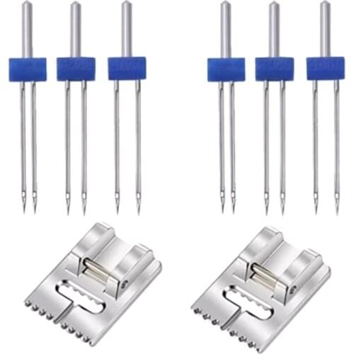 6Pack Double Twin Needles Wrinkled Needle with 2 PCS 9 Groove Pintuck Presser Foot for Sewing Machine Accessories 5FM