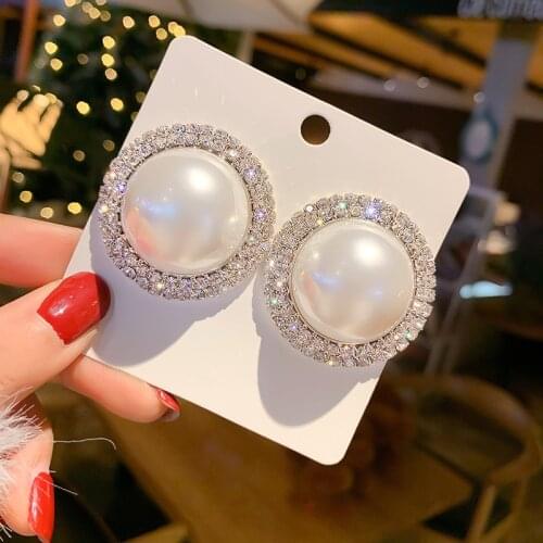 Statement Exaggerated Crystal Rhinestone Big Simulated Pearl Stud Earring for Women Girl Bijoux Fashion Jewelry