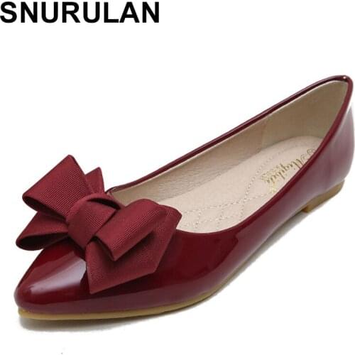 SNURULANSummer fashion women flat shoes red woman flat shoes casual moccasins soft lace-up bow tie pointed toe daily flat large