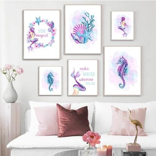 Modern Colorful Picture Home Decor Wall Art Canvas Painting Purple Style Mermaid Hippocampus Posters and Prints for Kids Bedroom