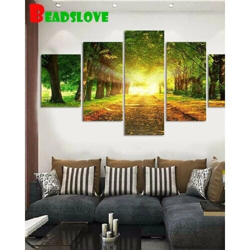 Sunshine Green trees Diamond Painting Diy Full Square Round Drill 5D Diamond Embroidery 5 piece Mosaic Needlework for wall decor