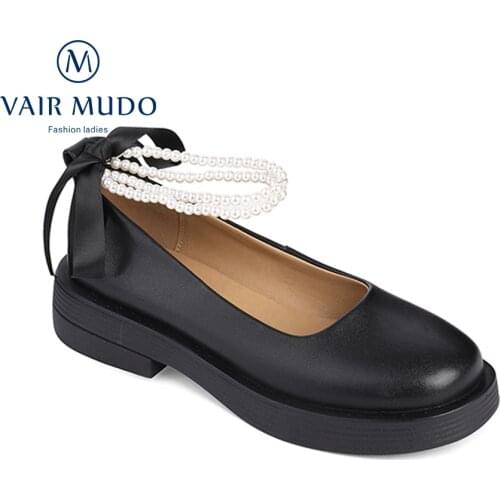 VAIR MUDO SPring Autumn Fashion Round Toe Pumps SHoes Low Heels Mary Janes Thick Bottom Black White String Bead Shoes Lady D14L