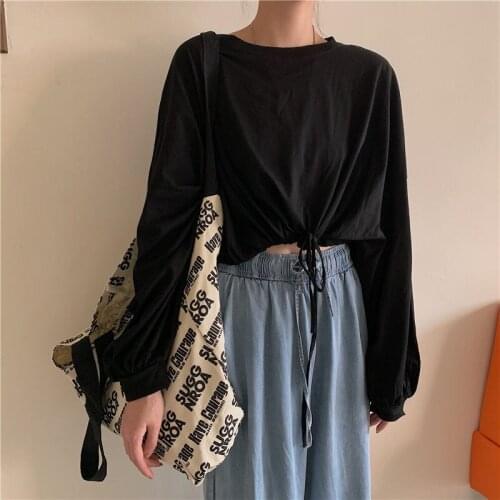 Crop Tops Womens Spring Short Loose High Waist Long Bat Sleeve T-Shirt Korean Style White Trendy Ins Autumn Tees Outer Wear