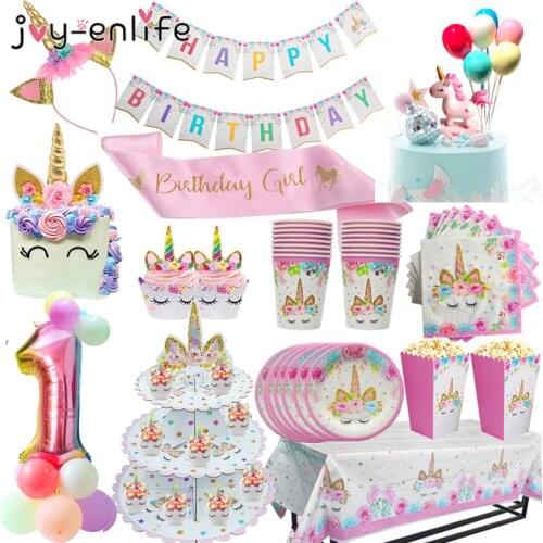 Birthday Party Decoration Rainbow Unicorn 3-tier Paper Cake Stand Baby Shower Unicornio Party Paper plates cup Balloon Supplies