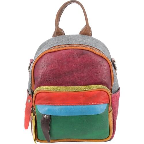 Genuine Leather Women Colorful Stripe Small Backpack Teenager Outdoor Rucksack