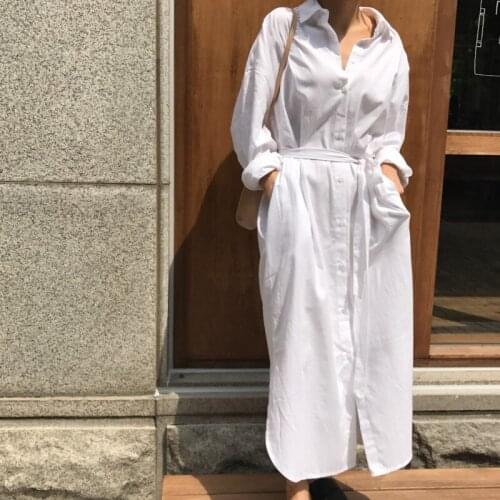 Johnature 2021 Spring New Korean Solid Color Shirt Bandage Women Dresses Simple Turn-down Collar Loose Dress