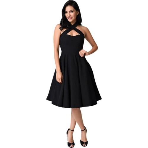 Women Cross Halter Neckline Vintage Flare Midi Dress with Back Zipped Sexy Sleeveless Party Club A-Line Dress