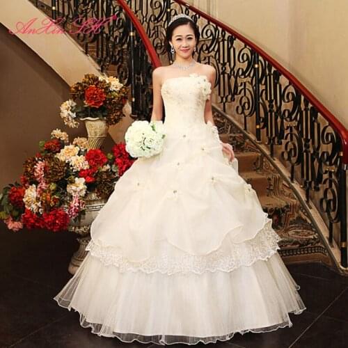 AXJFU Princess vintage flower lace white wedding dress luxury strapless sleeveless beading crystal ruffles wedding dress