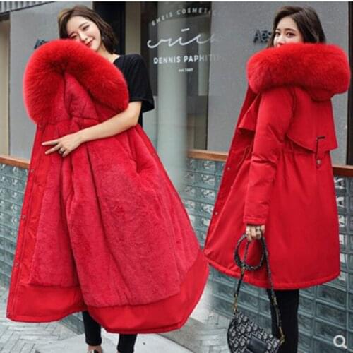 Women Coat 2021 Large Size Winter New Fashion Cotton-Padded Female Coat Mid Length Big Fur Collar Plus Velvet Down Jacket Pike
