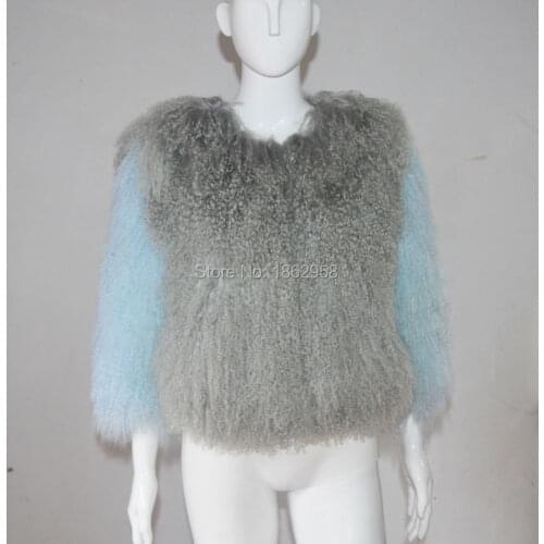 SJ514-04 Gray Light Blue Combined Mongolia Sheep Fur Coat Jacket Oceania Design Women Overcoats Winter