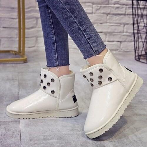 Patent leather Snow boots female winter flat heel round head plush short boots leisure student warm cotton boots