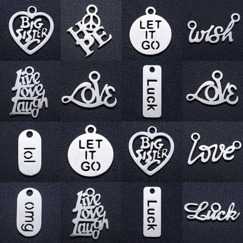10pcs/lot Love Hope DIY Charms Wholesale 100% Stainless Steel Forever Best Mom Faith Pendant Soul Dream Happy Sister Tag Charm