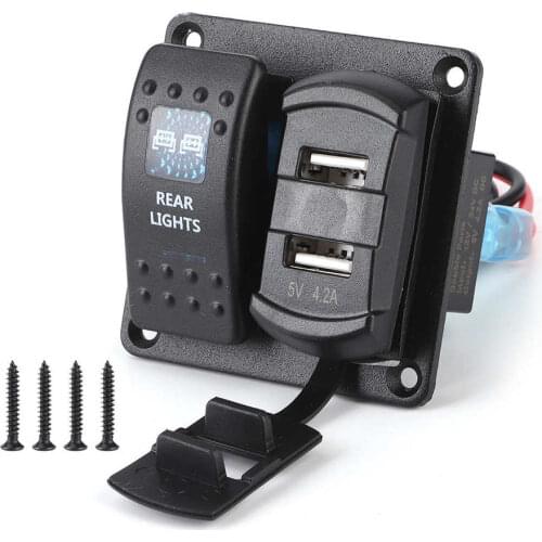 2 Gang Rocker Switch Panel 2 USB with Digital Voltmeter 5PIN Dual Light Switch for Car Boat 12V-24V