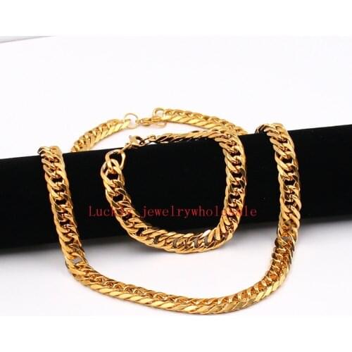 24''+8.66'' One set Stainless Steel Jewlery Set Gold color 12mm Heavy Cuban Curb Link Chain Necklace & Bracelet Set for Father