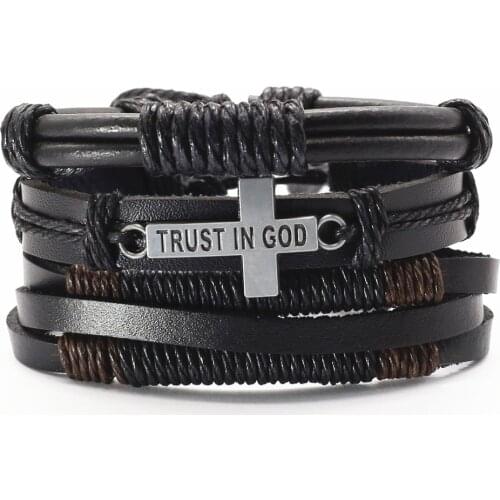 3 Pcs/set Handmade Guitar Feather Cross Charm Genuine Leather Men Bracelets For Women Bangles Femme Homme Male Gift Jewelry