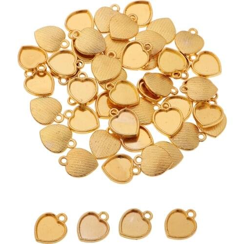 50 Pieces Golden Color Heart Style Blank Cameo Cabochons Bezel Bases PendantsCharms Settings Blank Trays