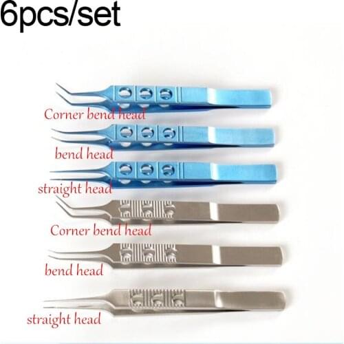6pcs/set Micros Stainless steel titanium alloy 11CM dovetailed straight/bend head tweezers platforms tweezers Ophthalmic forceps