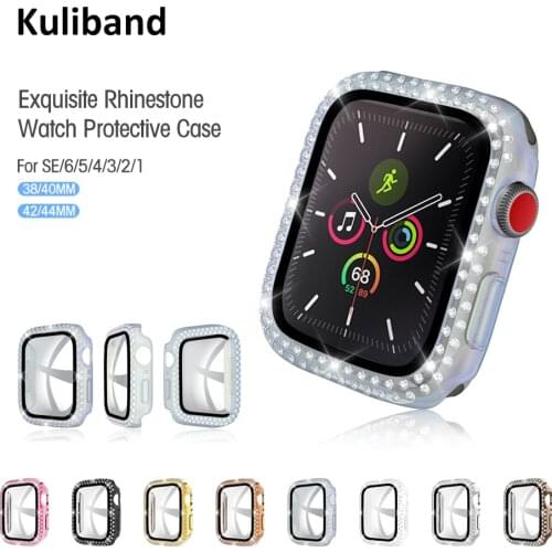 Diamond Case+Film for Apple Watch SE/6/5/4/3/2/1 38MM 40MM PC Watch Case Bumper Protective Cover Frame for iWatch 6 SE 42MM 44MM