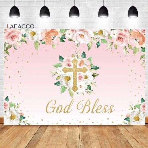 Laeacco God Bless Christian Background Wood Board Cross Flowers For Girls Baptism Holy Communion Customized Photography Backdrop