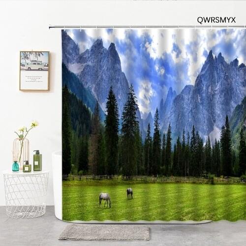 Mountain Grassland Tree Shower Curtains 3D Scenery Bath Curtain Home Decor Background Hanging Cloth Bathroom Accessories Product
